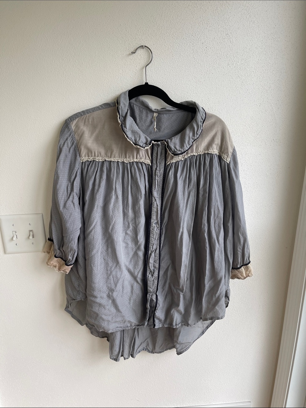 Magnolia pearl Light Gray and Cream Ruffle-Trim Button Front Blouse